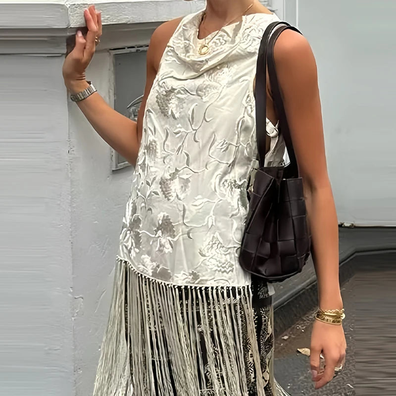 LIZAKOSHT  -  Elegant Tassel Splice Women Sleeveless Top Summer Fashion O-neck Hollow Out Loose Shirt Casual Crochet Simple Pullover Vest