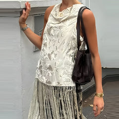LIZAKOSHT  -  Elegant Tassel Splice Women Sleeveless Top Summer Fashion O-neck Hollow Out Loose Shirt Casual Crochet Simple Pullover Vest