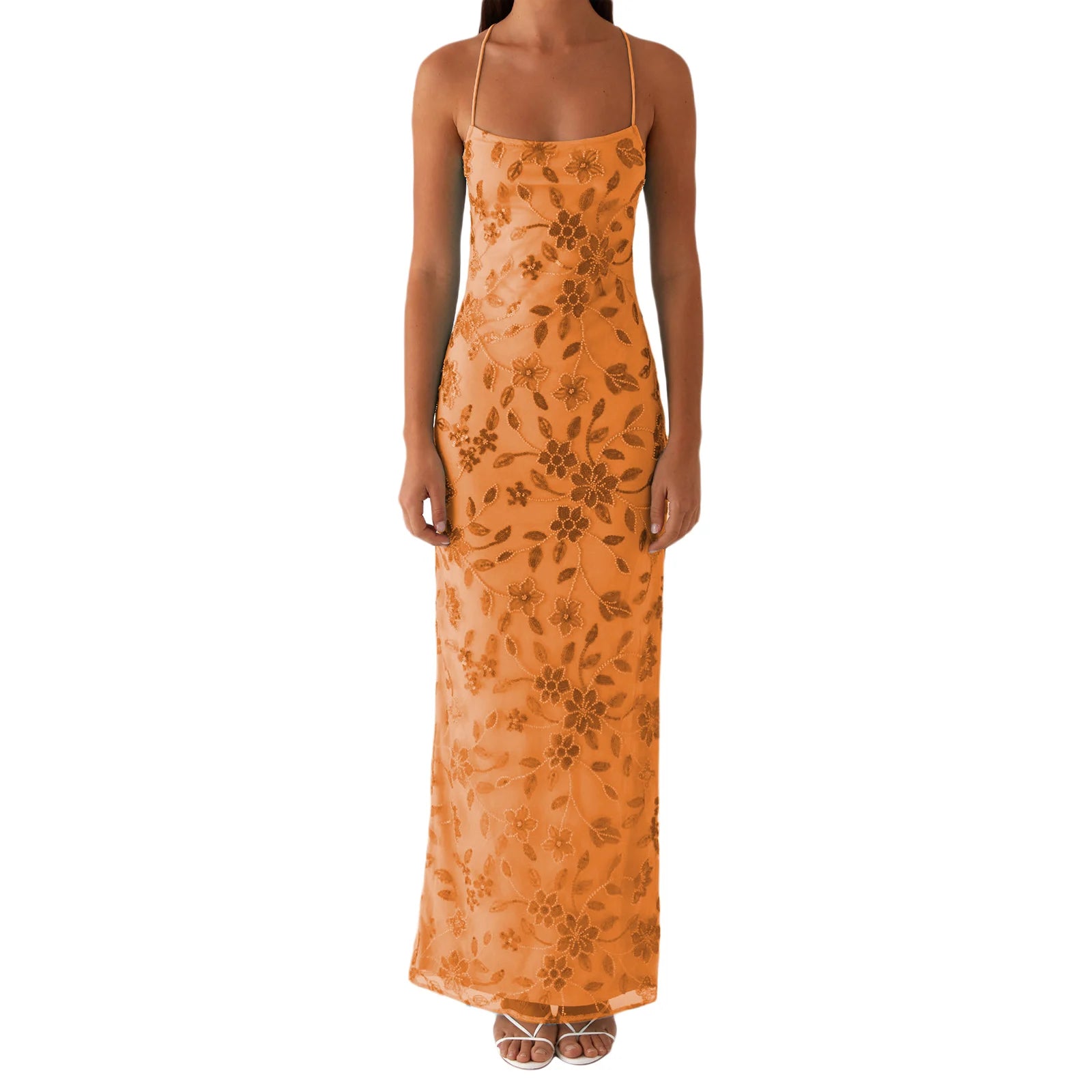 LIZAKOSHT  -  Women Summer Glitter Sequin Beaded Flower Cami Dress Slim High Split Spaghetti Strap Open Back Long Dresses for Party Club