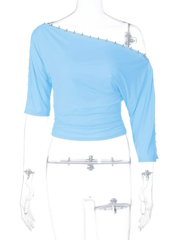 LIZAKOSHT  -  Women's Chic Diagonal Collar T-shirts Sexy Off Shoulder Half Sleeve Asymmetrical Crop Tops Ladies Blue T Shirt Streetwear