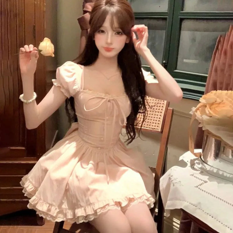 LIZAKOSHT  -  Sweet Hot Girl Pure Sexy Bow Square Collar Dress for Women's Summer Slim Fit A-line Short Dress Fashion Female Clothes