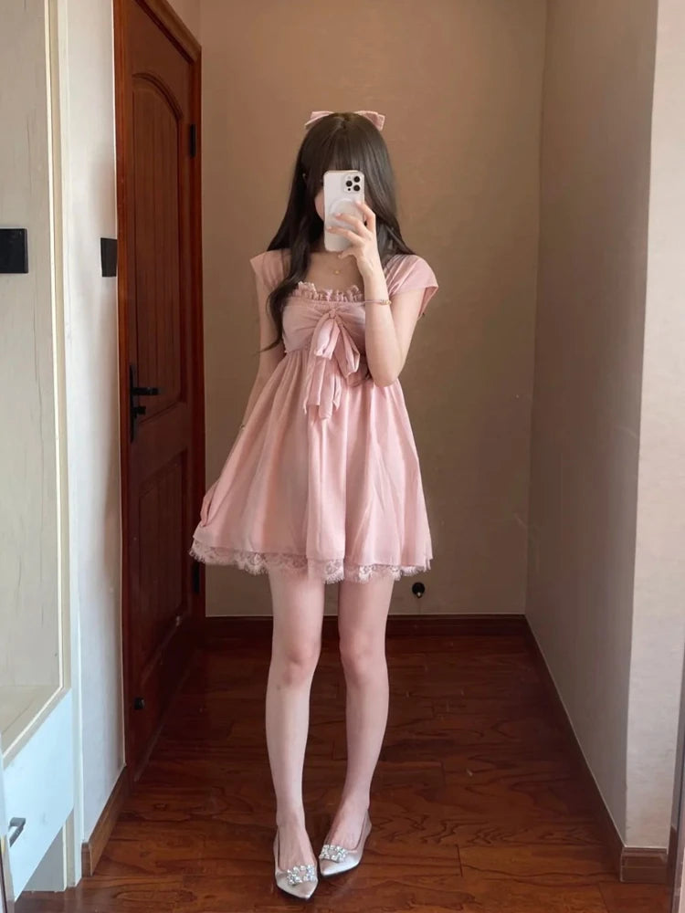  LIZAKOSHT  -  Sweet Lolita Kawaii Mini Dress Women Bowknot Off Shoulder Ruffle Lace Trim Loose Fit Princess Daily Kawaii Japanese Fashion