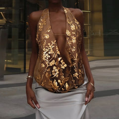 LIZAKOSHT  -  Sexy Sequin Backless Crop Top for Women Sleeveless Hollow Out Tie-Up Glitter Cami Tank for Summer Holiday Beach Party