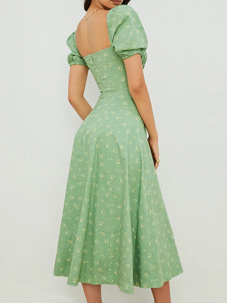 Floral Print Puff Sleeve Ruched Dress, Casual Square Neck Split Hem Dress For Spring & Summer, Women's Clothing