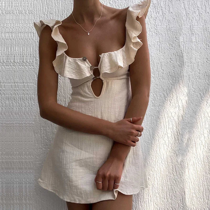 LIZAKOSHT  -  High Street Solid Buttoned Hollow Out Nightclub Dress Women Square Collar Mini Dress Sexy Lotus Edge Suspender Short Dress