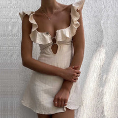 LIZAKOSHT  -  High Street Solid Buttoned Hollow Out Nightclub Dress Women Square Collar Mini Dress Sexy Lotus Edge Suspender Short Dress