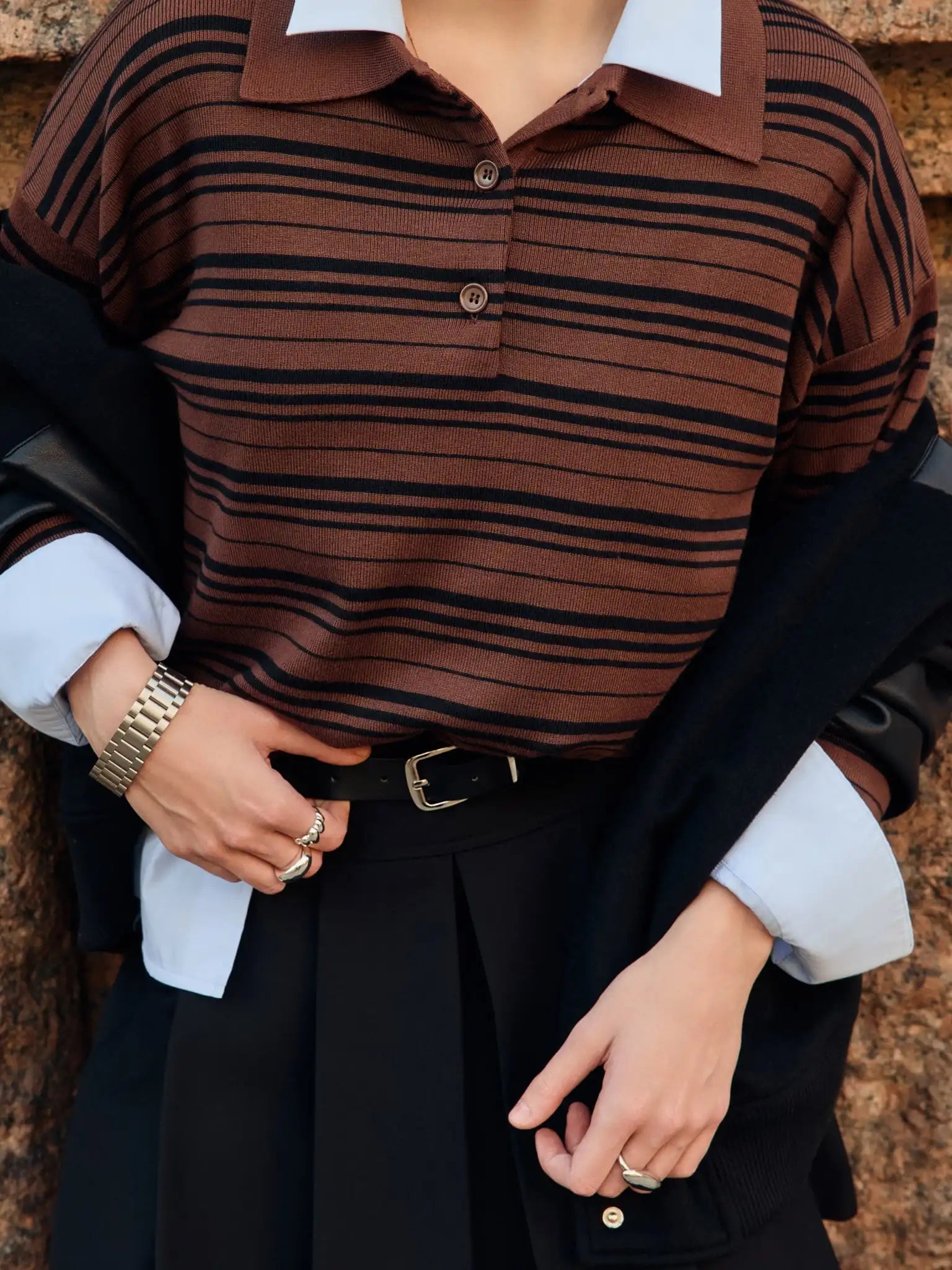 LIZAKOSHT  -  Spring Summer Women's Vintage Contrast Striped Knitted Polo Collar Long Sleeve T-Shirt Fashion Casual Trend Top