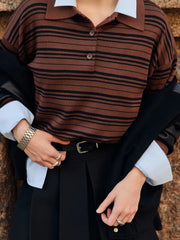 LIZAKOSHT  -  Spring Summer Women's Vintage Contrast Striped Knitted Polo Collar Long Sleeve T-Shirt Fashion Casual Trend Top