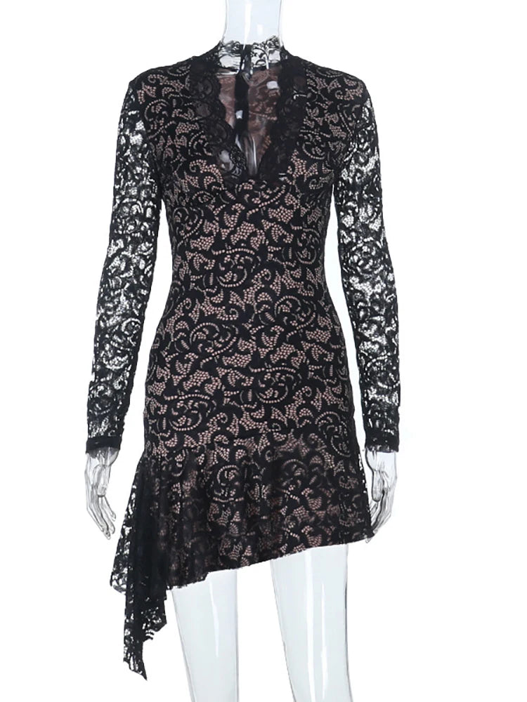 LIZAKOSHT  -  Irregular Sexy Deep V-neck Lace Women Dress Black Flare Sleeve Bodycon Mini Dress Autumn Slim Elegant Party Clunwear