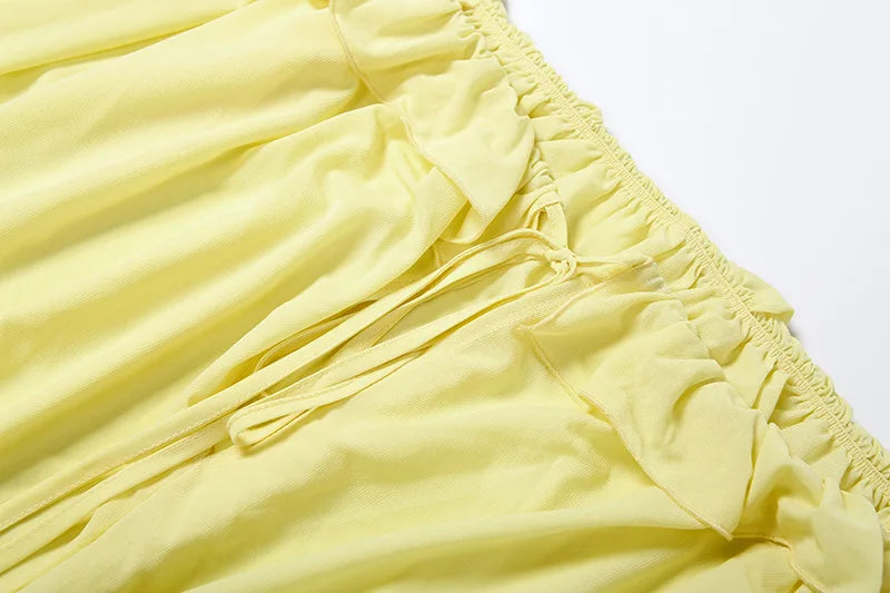 LIZAKOSHT  -  Elegant Sexy Yellow Ruffles Ruched Boydcon Mini Dress Women Lace Up Slash Neck Off Shoulder Flare Long Sleeve Party Clubwear