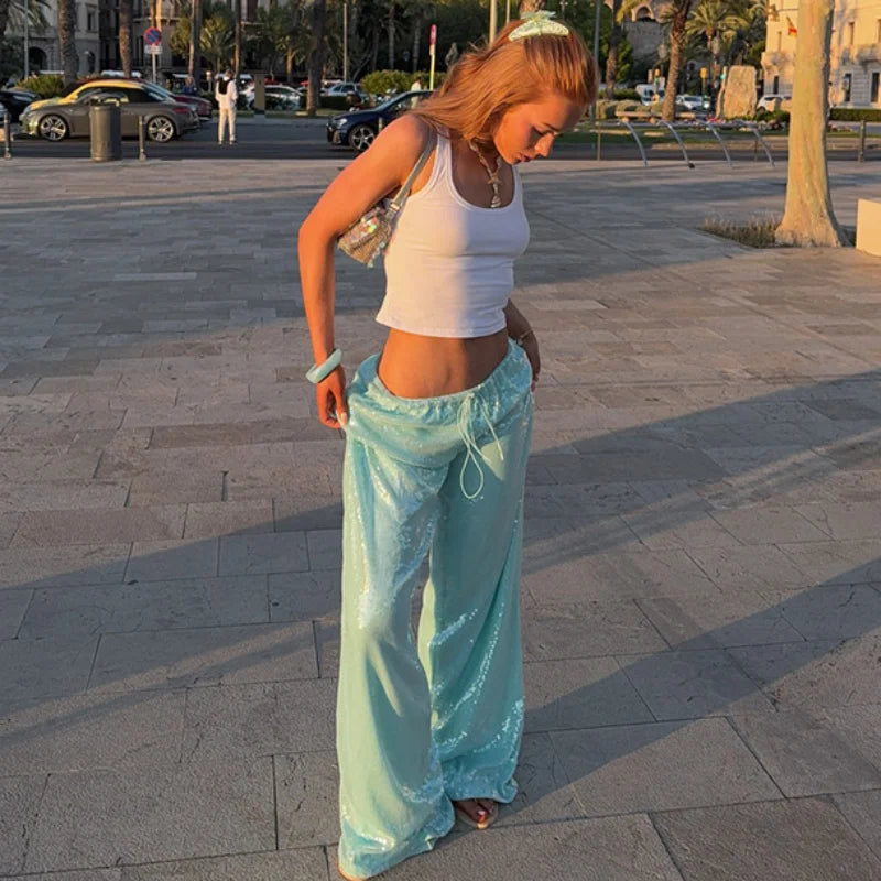LIZAKOSHT  -  Fashion  Sequin Wide Leg Pants Women Casual Loose Lace Up Low Waist Straight Trousers 2025 Summer Lady Vintage High Street Pants