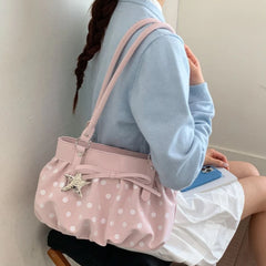 LIZAKOSHT  -  Polka Dot Ruched Shoulder Bag With Star Pendant Women Bow Decor Large Capacity Hobo Bag Retro Versatile Handbag For Daily Commut