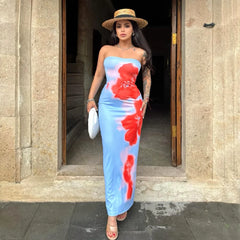 LIZAKOSHT  -  Summer New Sexy strapless Flower Printed Bag Hip Dress for Women Back Split Waist Tight Dresses Vacation style Casual Dress
