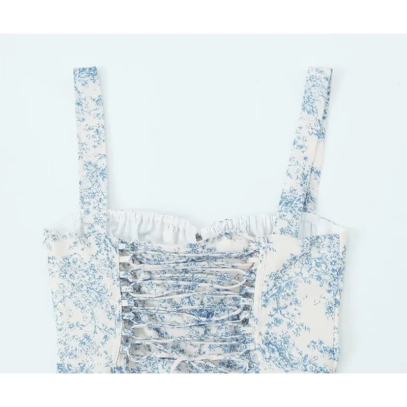 LIZAKOSHT  -  Floral Print Sling Short Dress For Women French Style Sexy Lace Up Bandage Back A-line Mini Dresses Summer 2025 New Holiday Robe