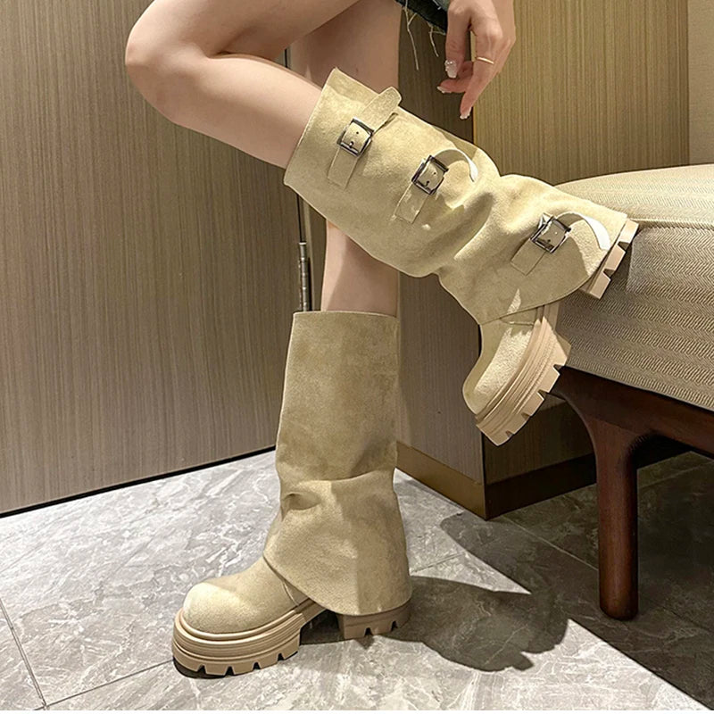LIZAKOSHT  -  Winter Fashion Platform Thick Heel Woman Knight Boots Fashion Belt Buckle Slip On Mid Calf Booties