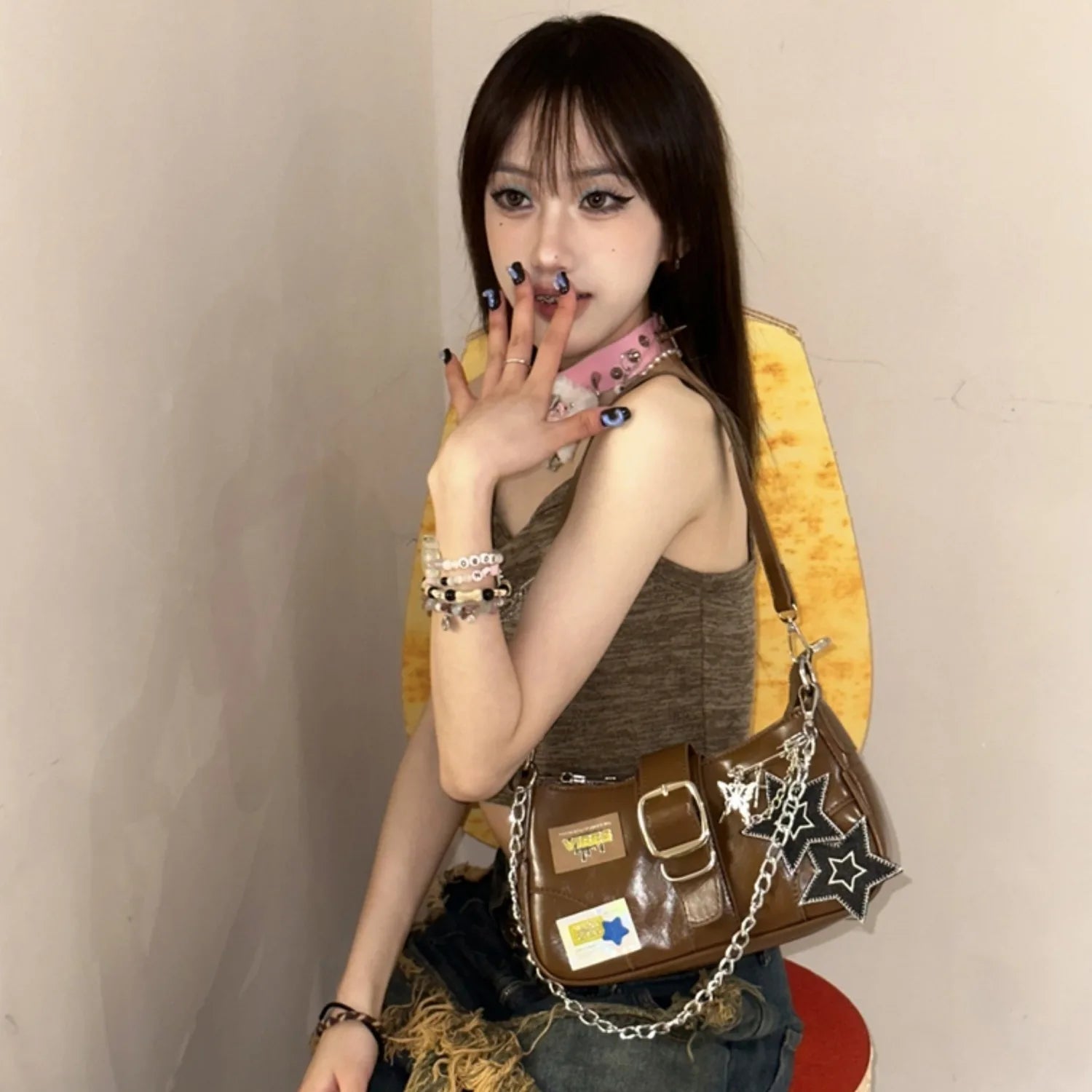 LIZAKOSHT  -  Y2k Hottie Square Bag Korean Fashion Gothic Punk Underarm Shoulder Bag Star Patchwwork Purses and Handbags Designer Bag