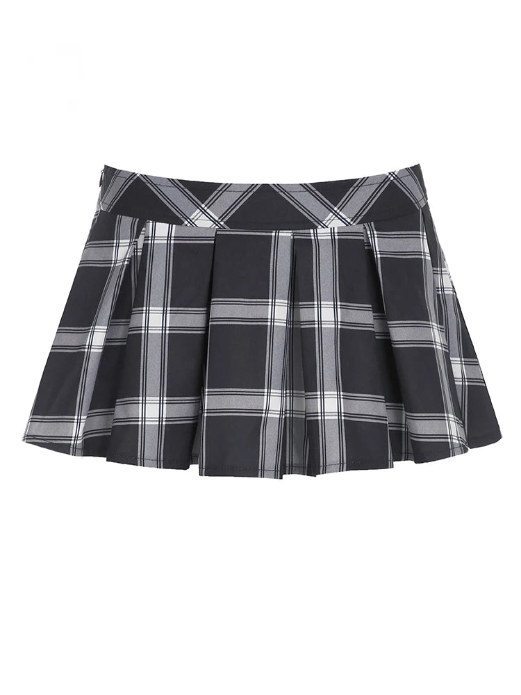 LIZAKOSHT  -  Plaid Folds Mini Skirts Sexy Preppy Style Low Waisted Outfits Y2K Aesthetic Korean Fashion Vintage Casual Bottoms