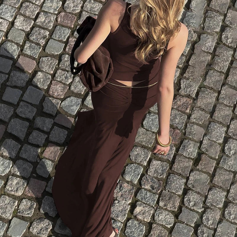 LIZAKOSHT  -  Simple Sexy Solid Color U Neck Camisole Tank Tops+Tight Ruched Long Half Skirts Women Fashion Street Style Two-piece Outfit