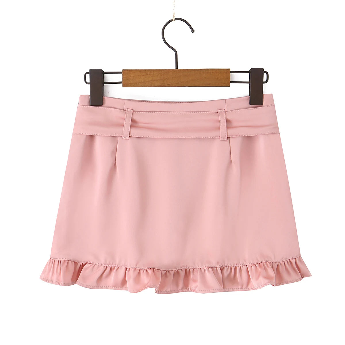 LIZAKOSHT  -  Sexy With Sashes Zipper Waist Satin Skirt With short lining Women Ruffles Hem A-line Package Hips Short Skater Bottom Black Pink