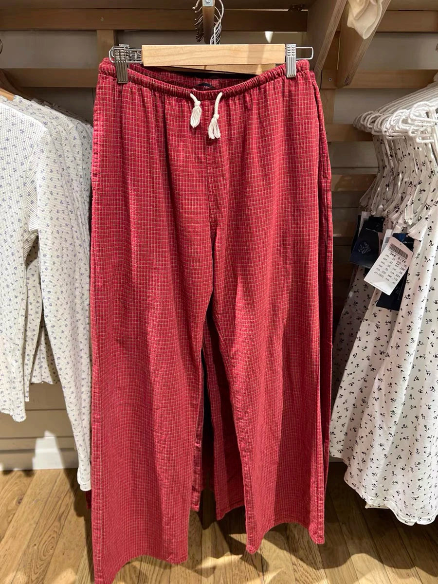 LIZAKOSHT  -  Pink Striped Drawstring Casual Pants Summer Elastic High Waist Cotton Thin Loose Trousers Women Casual Simple Sweet Home Pants