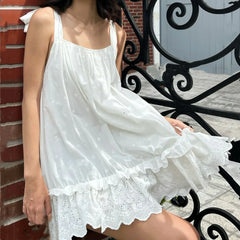 LIZAKOSHT  -  Bohemian White Embroidery Flower Tide Bow Spaghetti Strap Dress Woman Wood ears Ruffles Hem Swing Loose Swing Mini Dresses Robe