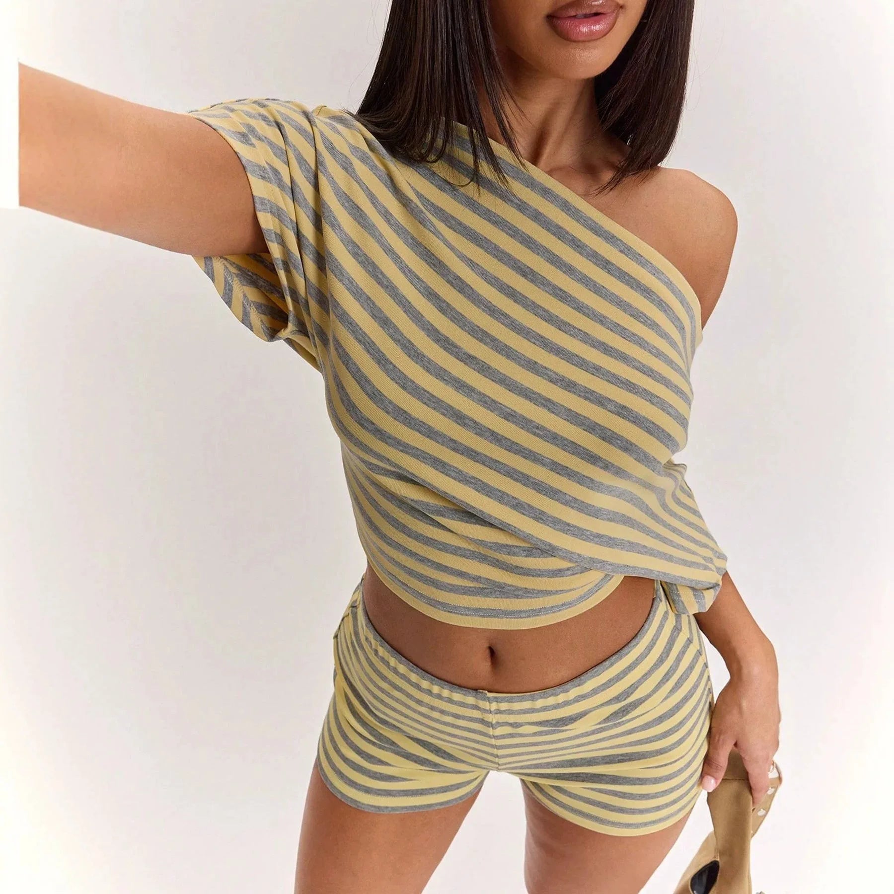 LIZAKOSHT  -  New Slim Fit Home Leisure Short Sleeve T-Shirt High Waist Shorts Set Comfortable Knitted Polyester And Spandex Casual Wear