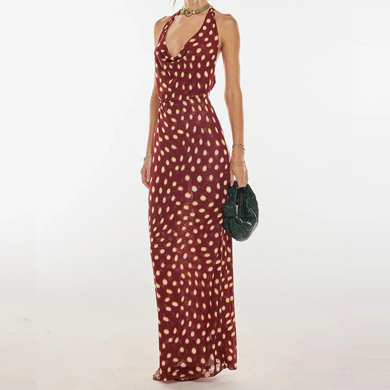 LIZAKOSHT  -  Fashion Hight Waist Lace-Up Wrap Hip Dress Sexy Halter Sleeveless Bohe Party Dress Women's Elegant Pattern Print Slim Long Dress