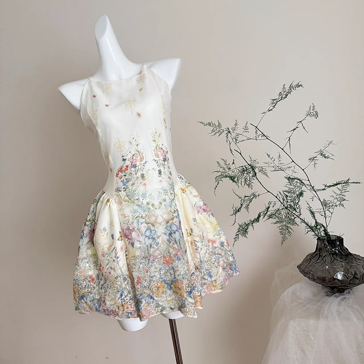 LIZAKOSHT  -  Off White Elegant Kawaii Fairycore Floral Print Chiffon Ruched Waist Halter Mini Dress Women Girls Summer Beach Party Daily Wear