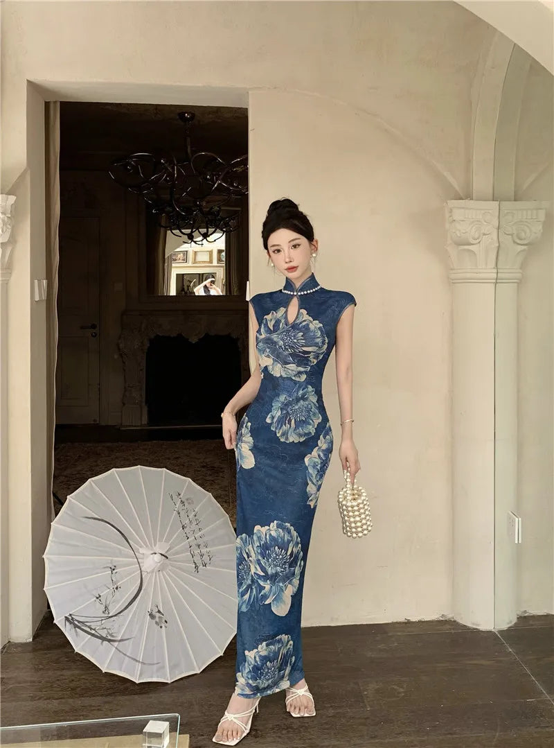 LIZAKOSHT  -  Retro Fashion Pearl Women's Skirt Slim Fit Printed High Quality Slimming  Dress Korean Style Stand Collar Wrap around
