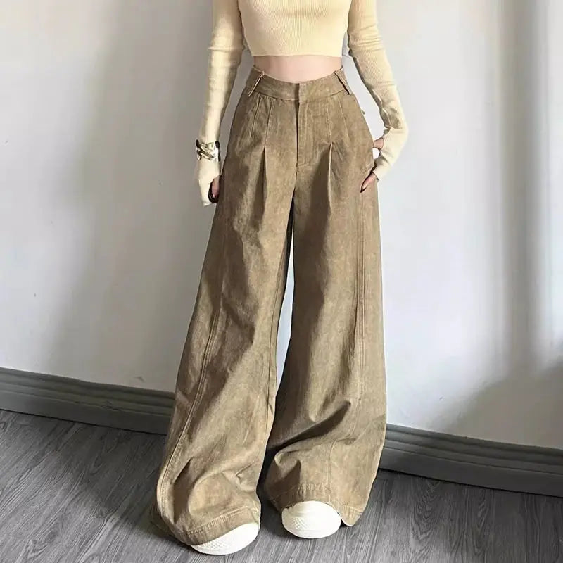 LIZAKOSHT  -  Jeans High Waist Straight Hot Girl Retro Distressed Women'S Loose Slimming Wide Leg Pants Drape Floor Mopping Trousers