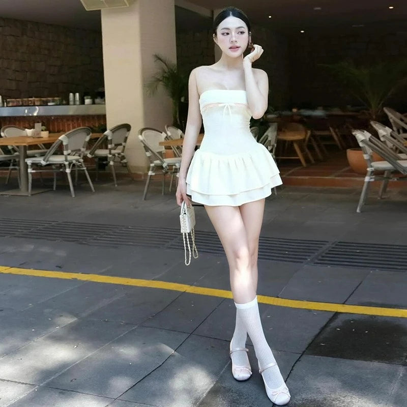 LIZAKOSHT  -  European American Style Summer New Women's Cloth Contrasting Color Splicing One-word Collar Chest-wrapped Ruffle Edge Slim Dress