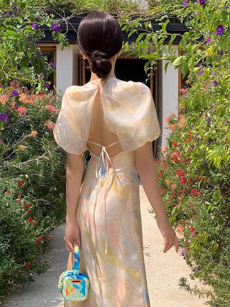 LIZAKOSHT  -  New Korea Sexy Sweet Backless Dresses For Women Vestidos De Mujer Puff Sleeves Summer Robe Femme Fashion Temperament Dress