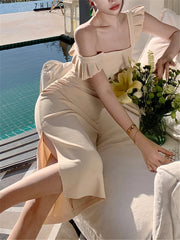 LIZAKOSHT -  Midi Dress Women Summer New Elegant Sleeveless Fashion Korean Slim Office Lady Vestidos Female Sexy Clothing