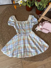 LIZAKOSHT  -  Summer Sweet Dopamine Slim Plaid Dress Women Fashion Design Square Neck Short Sleeve Dresses Elegant Bow Pretty Flower Bud Dress