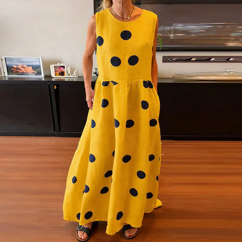 LIZAKOSHT  -  Leisure Crew Collar Sleeveless Polka Dot Printed Dress Summer Fashion Loose Pleated Maxi Dress Elegant High Waist Vacation Dress