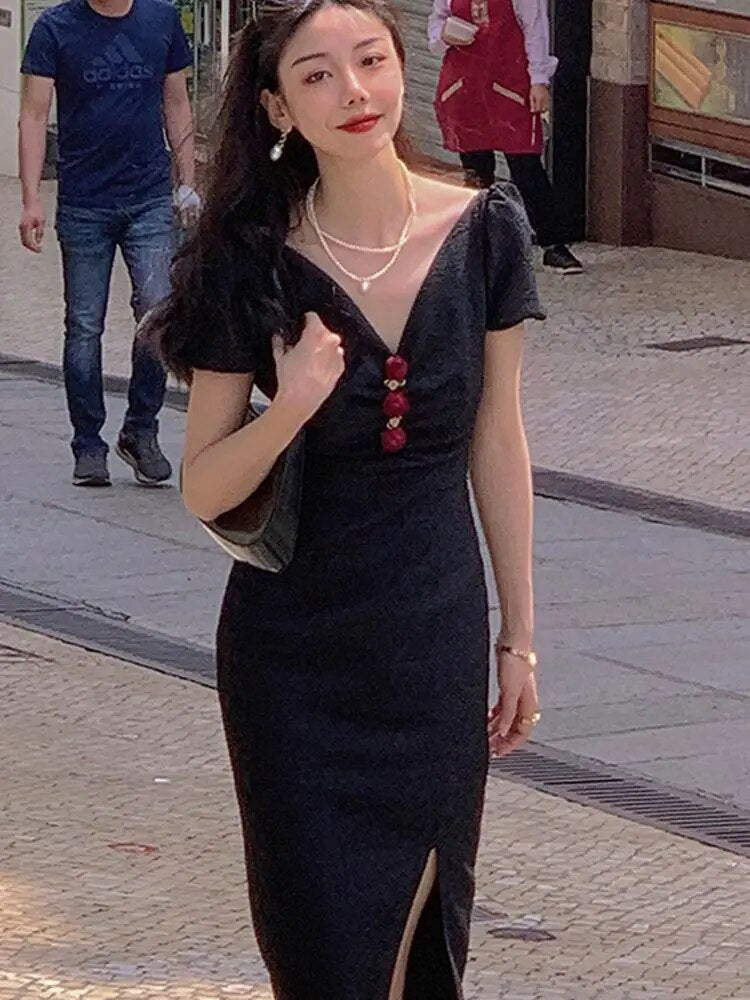 Lizakosht Summer Elegant Women Bodycon Vintage Midi Dress Vestidos Female Slim Party New Clothes