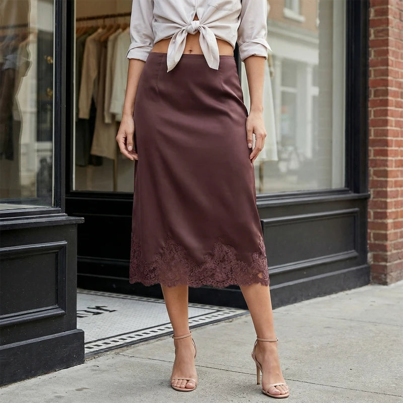 LIZAKOSHT  -  Women Satin Lace Trim Maxi Skirt Silk Lace Patchwork Silk High Waist Midi Skirt Lady Flowy Work Half Slip Long Skirt