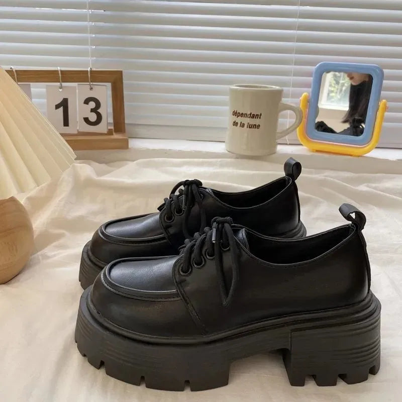 LIZAKOSHT  -  Autumn Women Black Platform Basic Mary Jane Shoes Flats Clogs Prepppy Style Leather Shoes British Style Lace Up Pumps Shoes