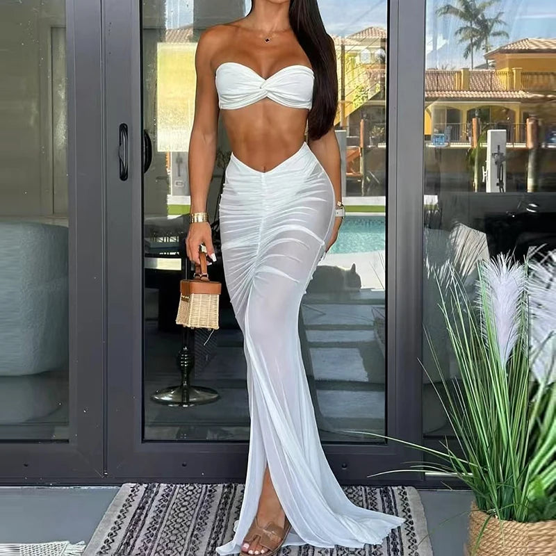 LIZAKOSHT  -  Women Bra Tops&High Waist Slit Skirt Suits Elegant Solid Pleated Two Piece Vacation Outfits Fashion One Shoulder Suit 2025 Sexy