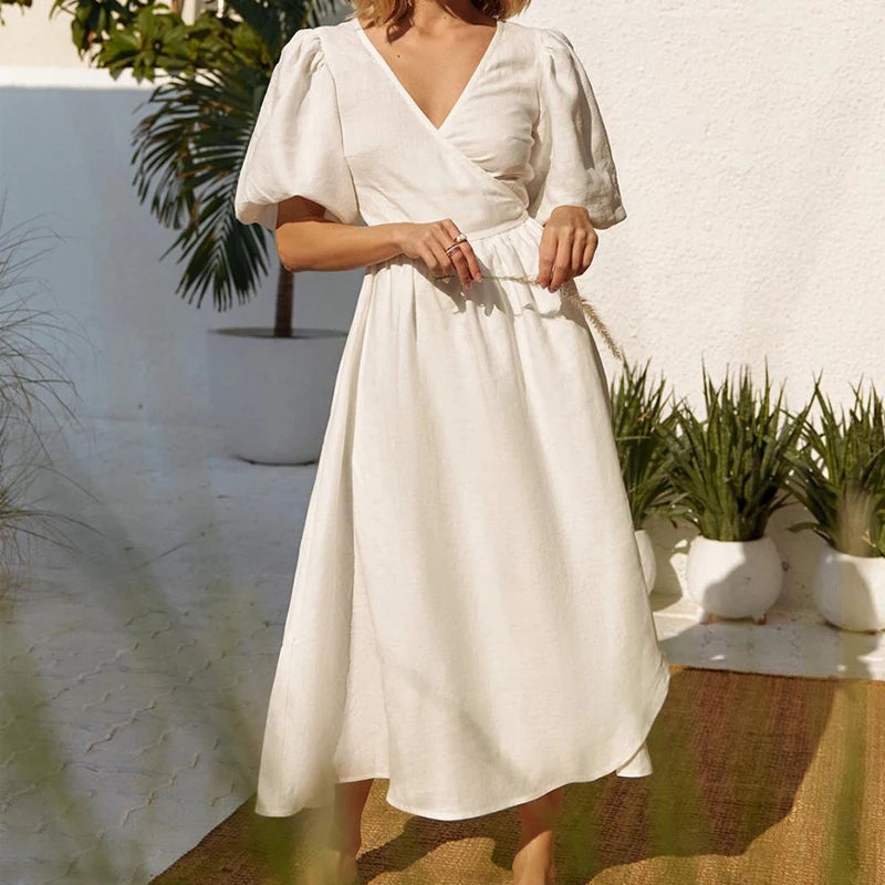 LIZAKOSHT  -  100% Cotton Women Fashion Puff Sleeve V-Neck Long Dress High Waist Elegant Boho Maxi Dress Vestidos Clothes