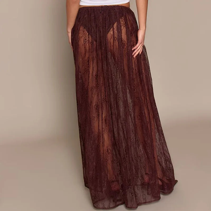 LIZAKOSHT  -  Coquette Grunge Sheer Lace Maxi Skirt Built-in Thongs Design Low Elastic Waist Flowy Skirt Elegant Lady Grunge See-Through Skirt