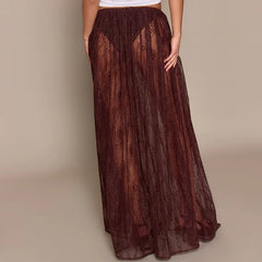 LIZAKOSHT  -  Coquette Grunge Sheer Lace Maxi Skirt Built-in Thongs Design Low Elastic Waist Flowy Skirt Elegant Lady Grunge See-Through Skirt