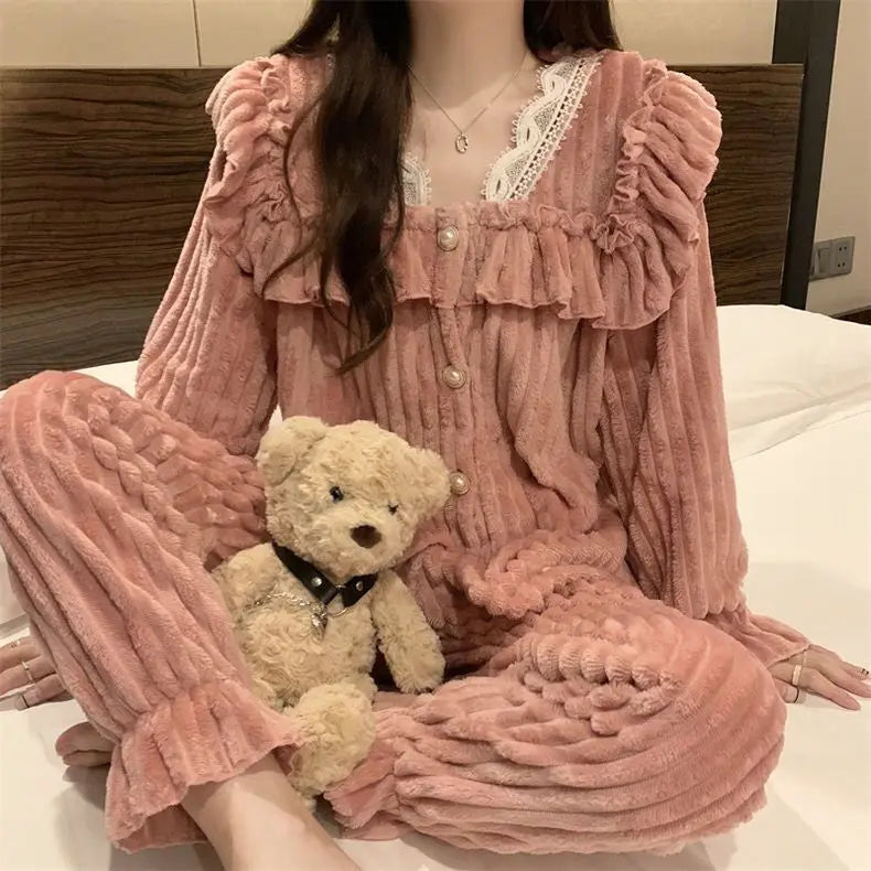 LIZAKOSHT  -  Coral Fleece Pajamas Sets for Women Plush Soft Warm Square Collar Lace Sweet  2 Piece Bow Tie Elegance Thickened Warm Homewear