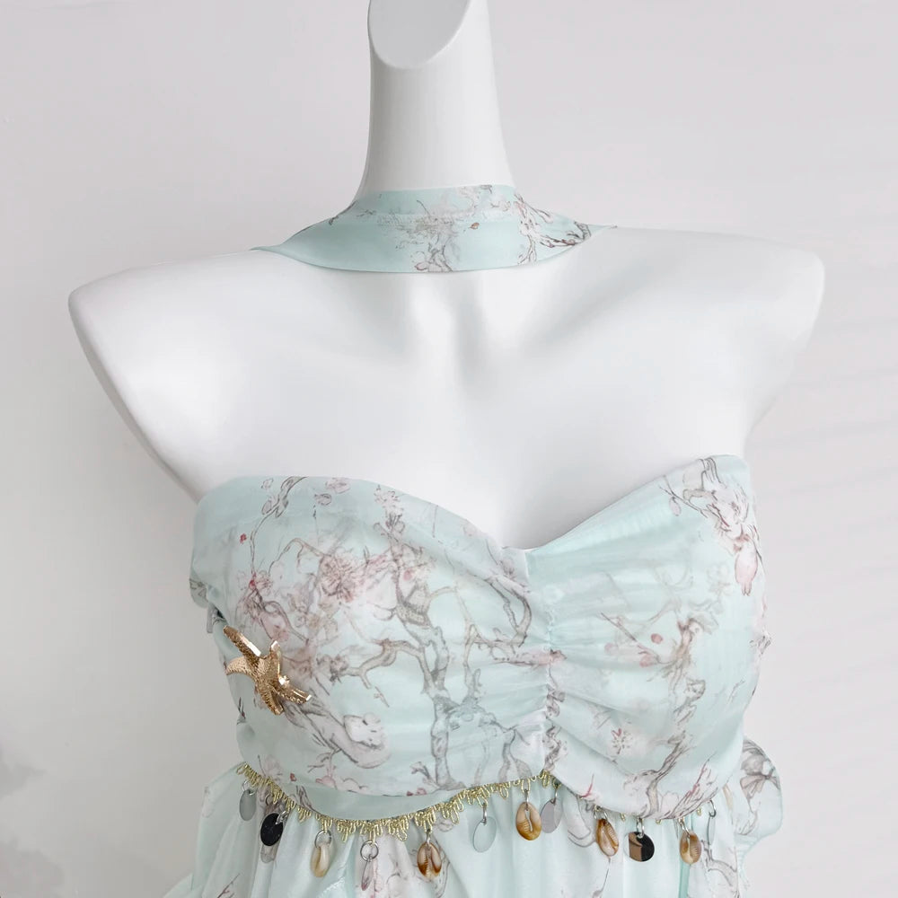 LIZAKOSHT  -  Sweet Lolita Chiffon Midi Dress Women Floral Print Ruffle Layered Halter Strapless Beach Vacation Japanese Fashion Casual Outfit