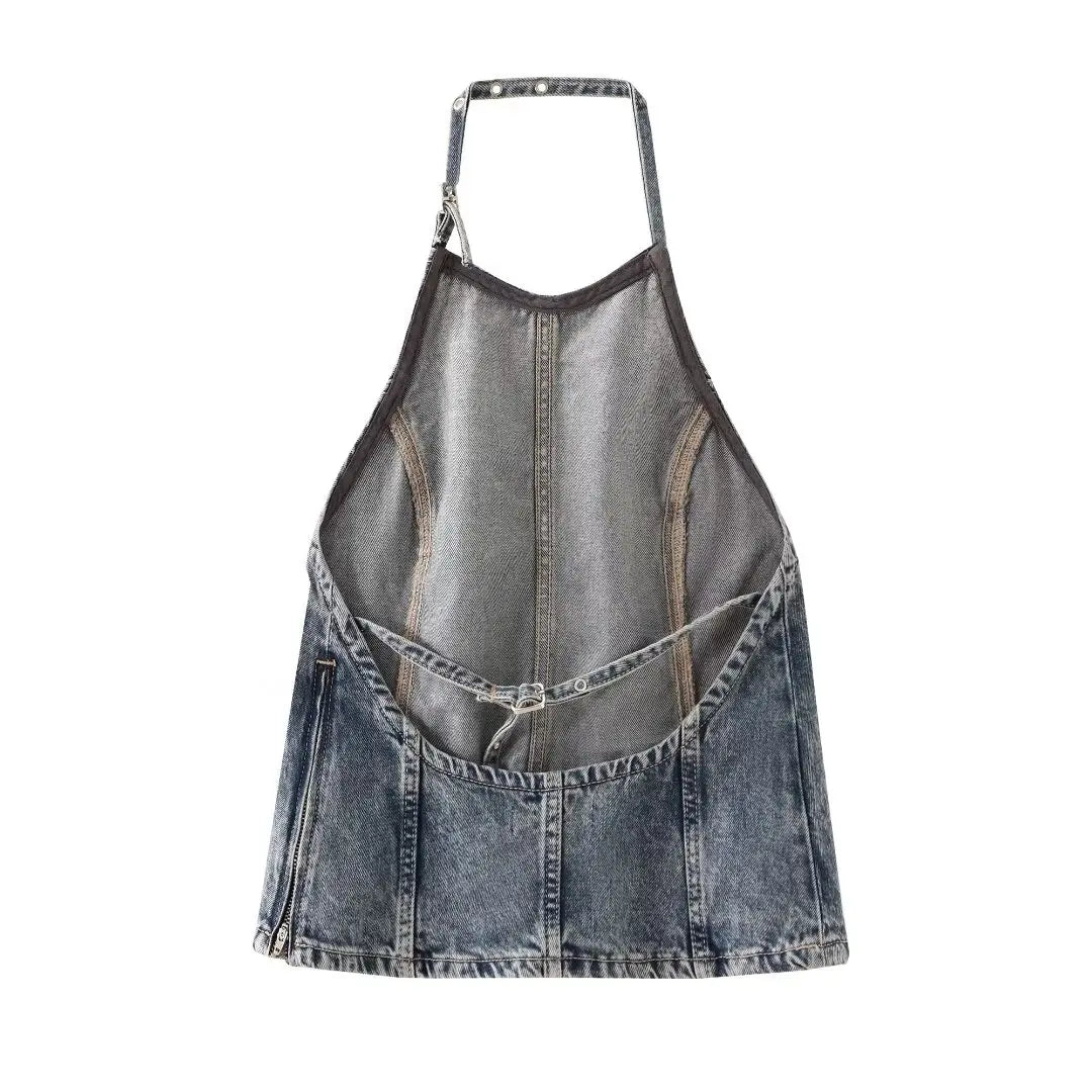 LIZAKOSHT  -  Vintage Women Blue Top 2024 Fashion Spring Casual Commute Loose Halter Top Straight Eastern Style Hanging Neck Jean Top