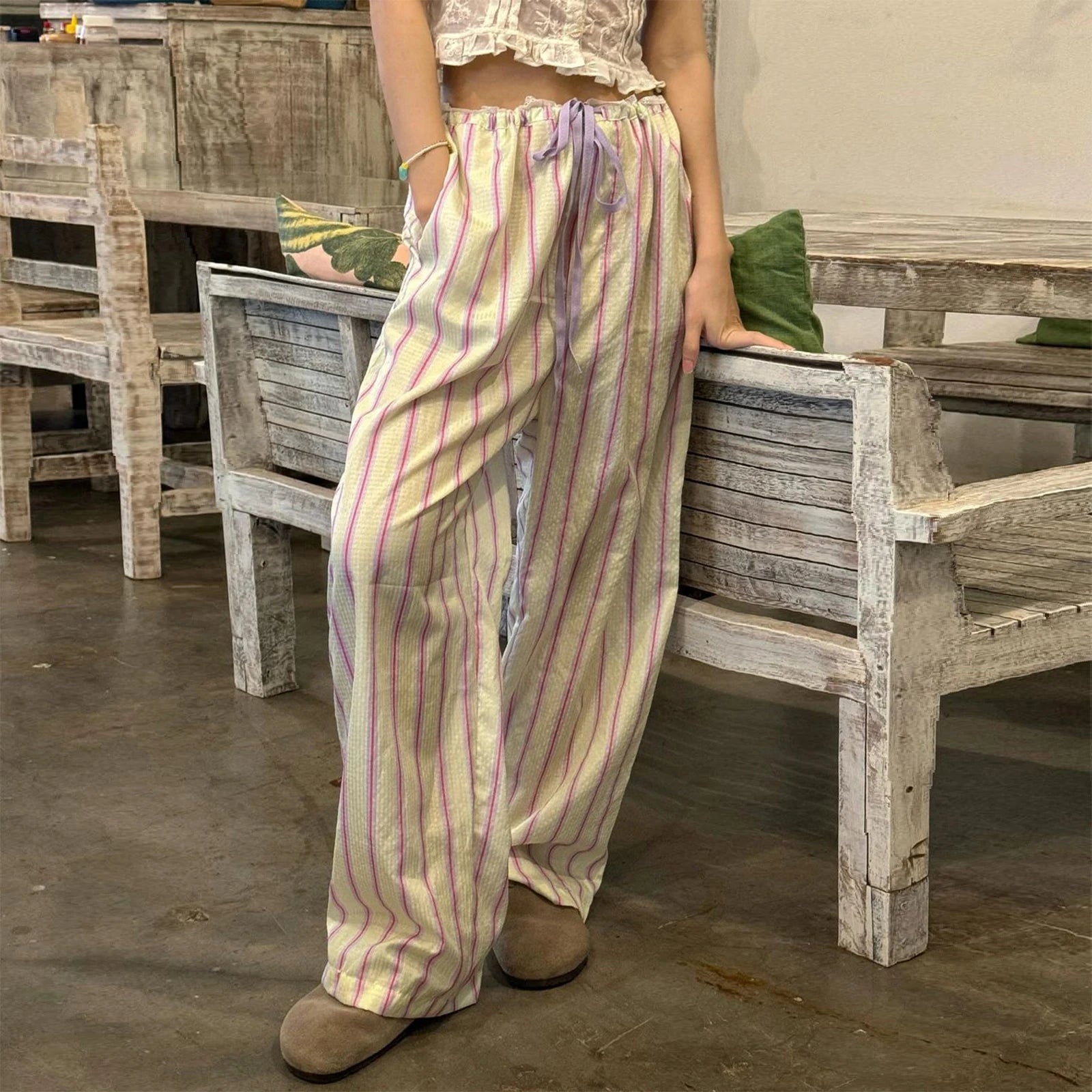 LIZAKOSHT  -  Women Wide Leg Pants Casual Loose Vertical Stripe Print Elastic Lounge Trousers with Pockets for Work Office Streetwear