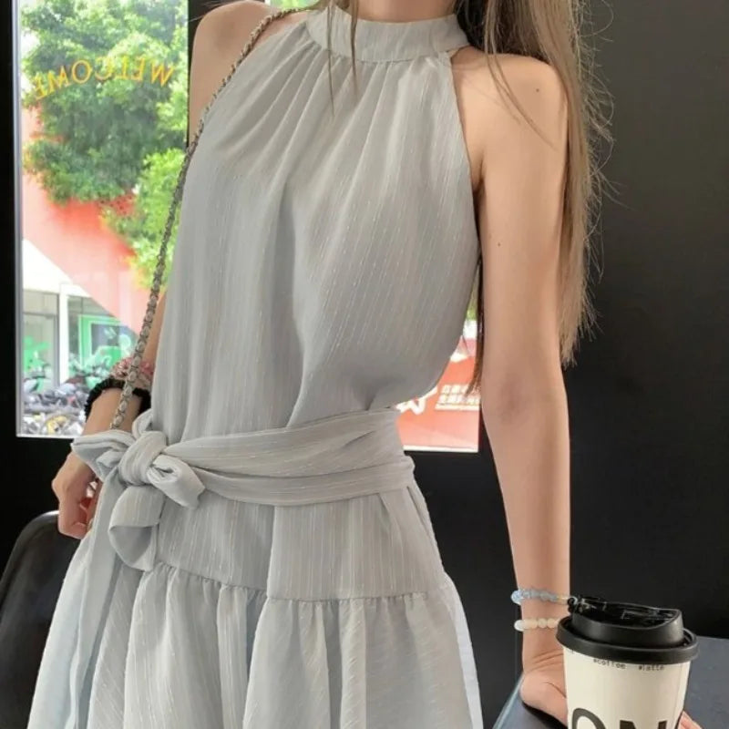LIZAKOSHT  -  Ruffles Women Dresses Solid Halter Spring Summer Elegant Vestidos Mujer Korean Fashion Bandage Retro Mini Dress