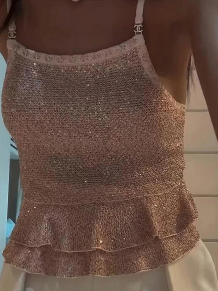 LIZAKOSHT  -  Knitted Sequins Ruffled Hem Vest Top Women Sleeveless Backless Loose Sexy 2025 Summer Tank Beach Street Fashion Lady Tops