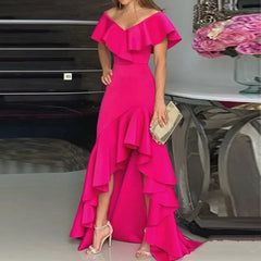 LIZAKOSHT  -  Sexy V-neck Irregular Hem Pure Color Women's Dress Bell Sleeve Ankle-length Regular Waist Design Floral Lace Edge Dress