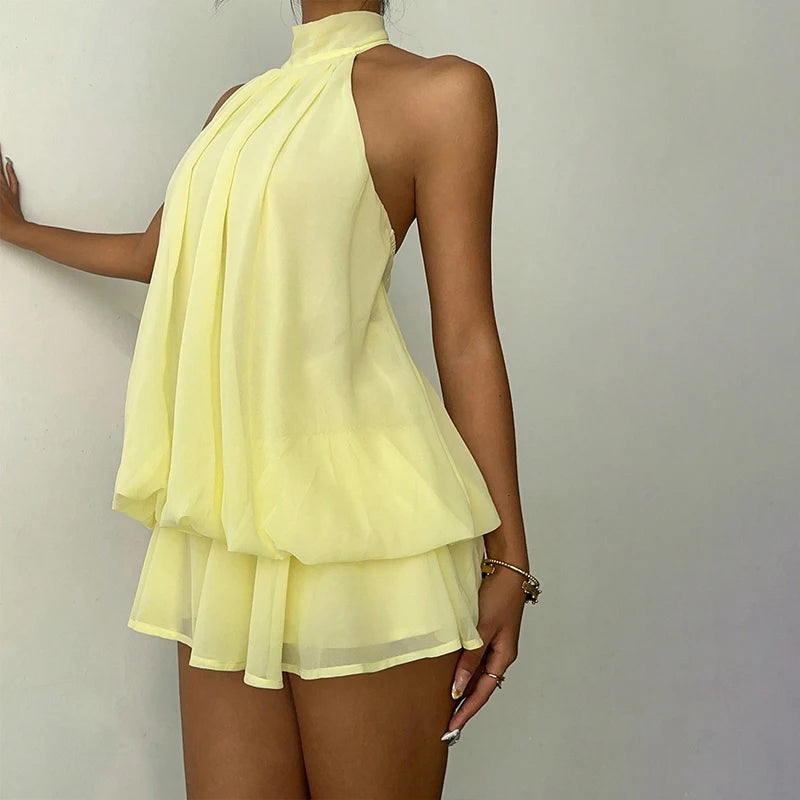 LIZAKOSHT  -  Beach Vacation Summer Ruffles Mini Sleeveless Dress Women's Fashion Solid Color Hanging Neck Open Back Pleated Dresses